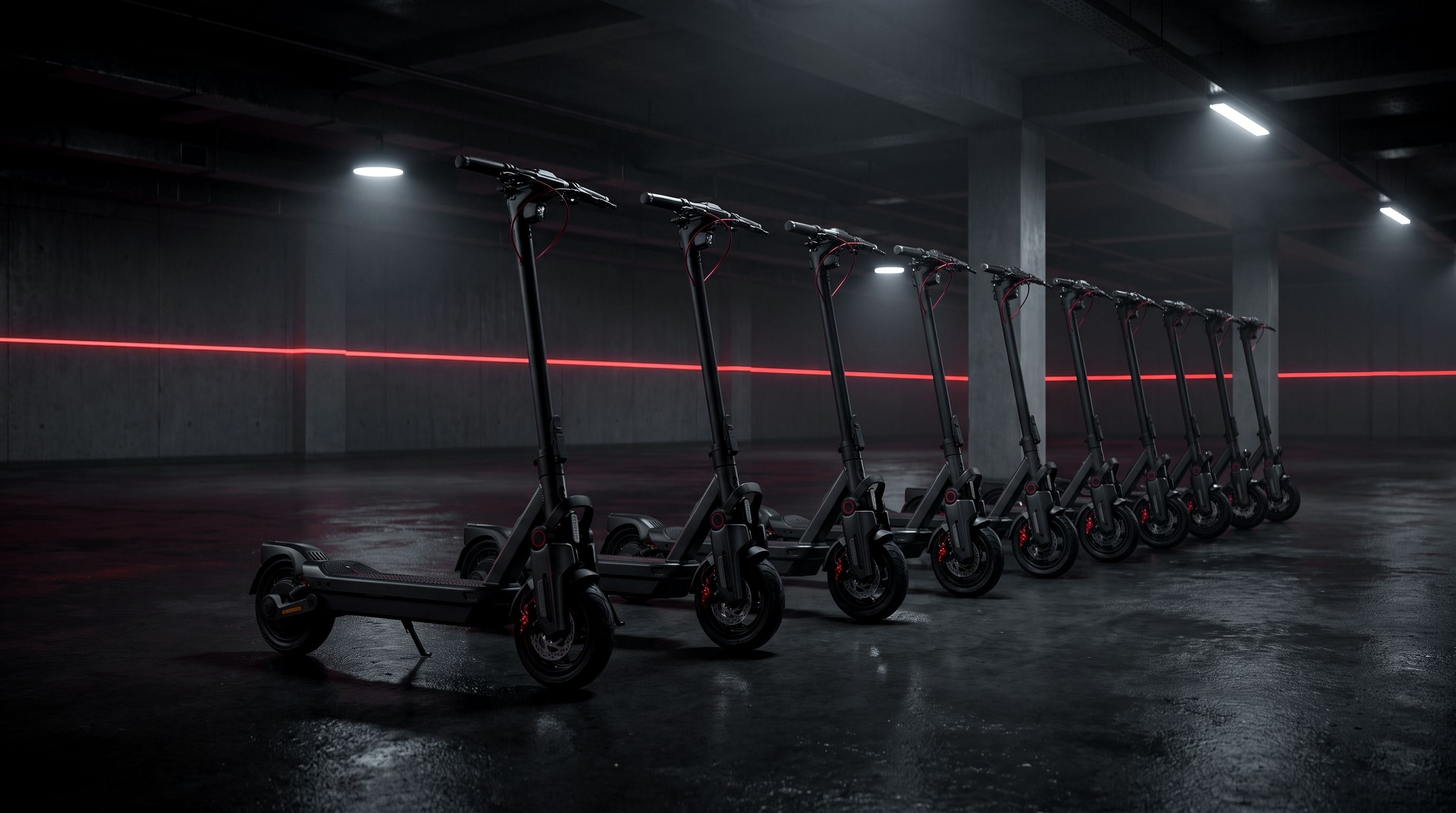 Karanlık bir otoparkta yan yana dizilmiş siyah Segway Max G3 scooter’lar