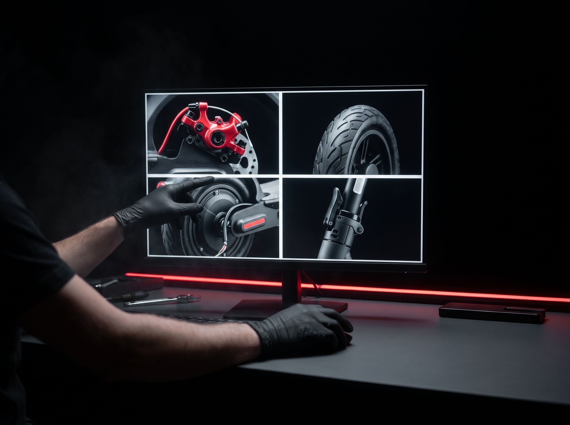 A technician reviewing scooter photos on a screen