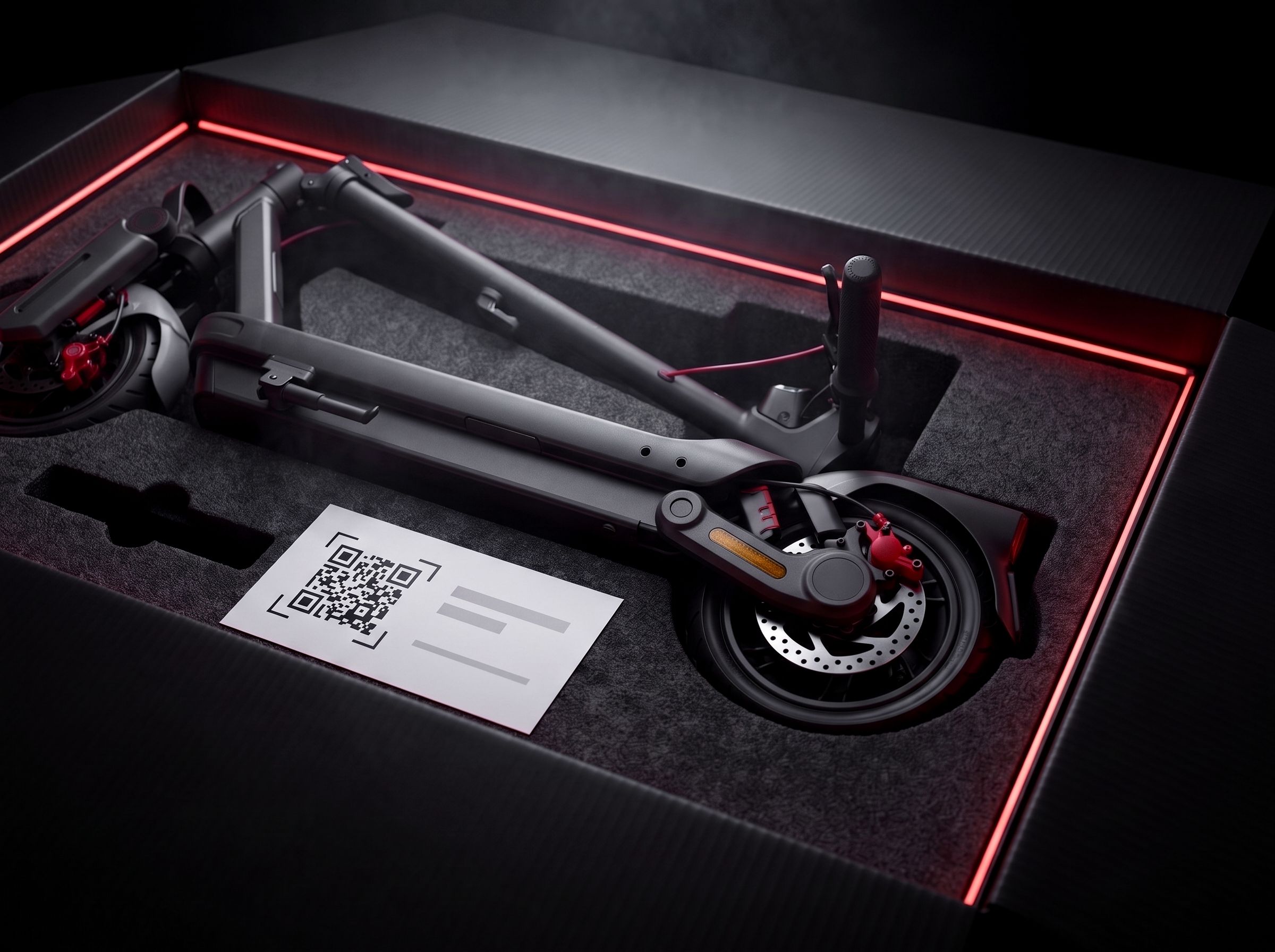 Katlanmış bir scooter ve üzerinde QR kodlu kargo formu bulunan kapalı bir karton kutu