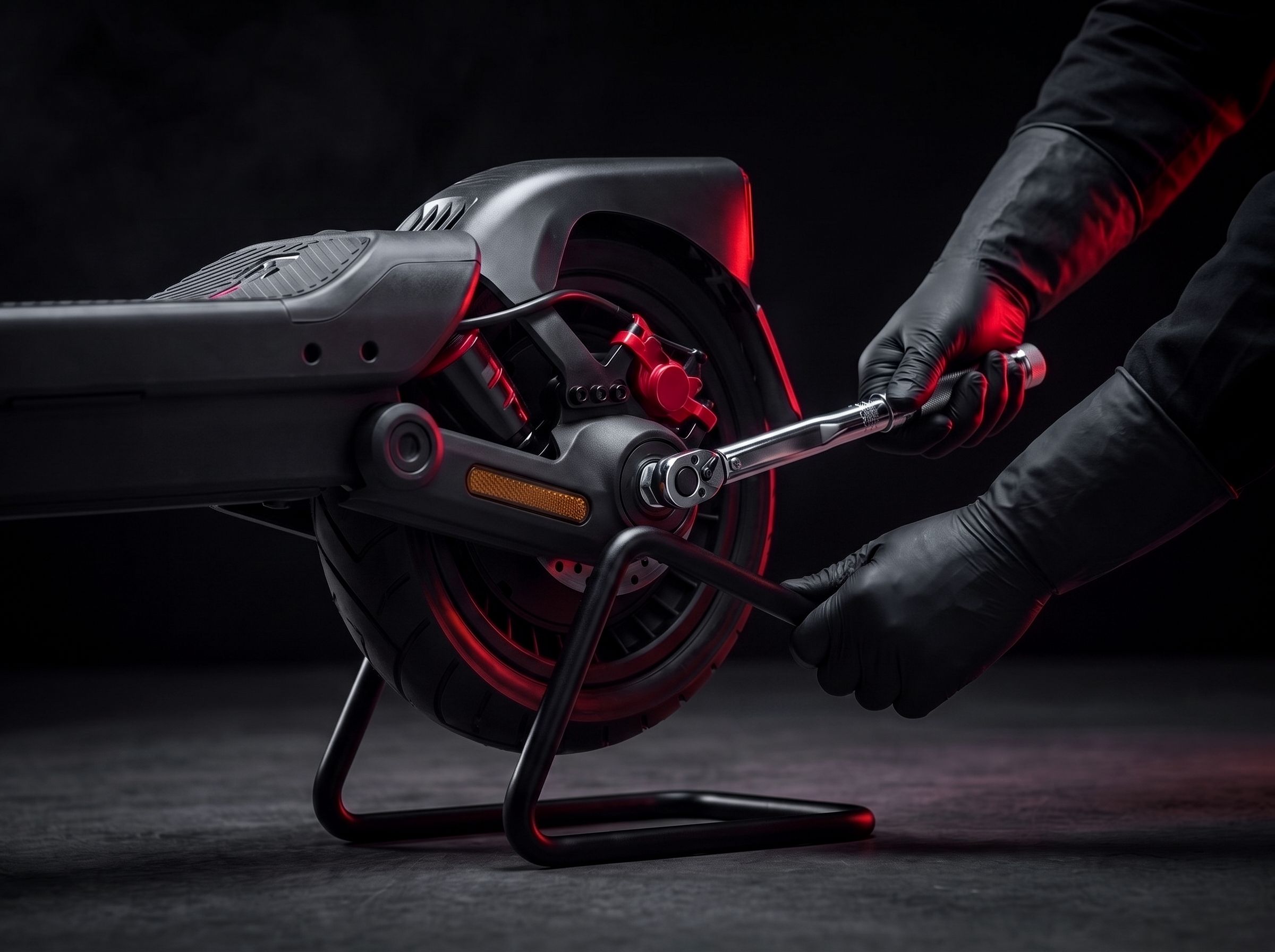 Gloved hands tightening a scooter's rear wheel with a torque wrench on a stand