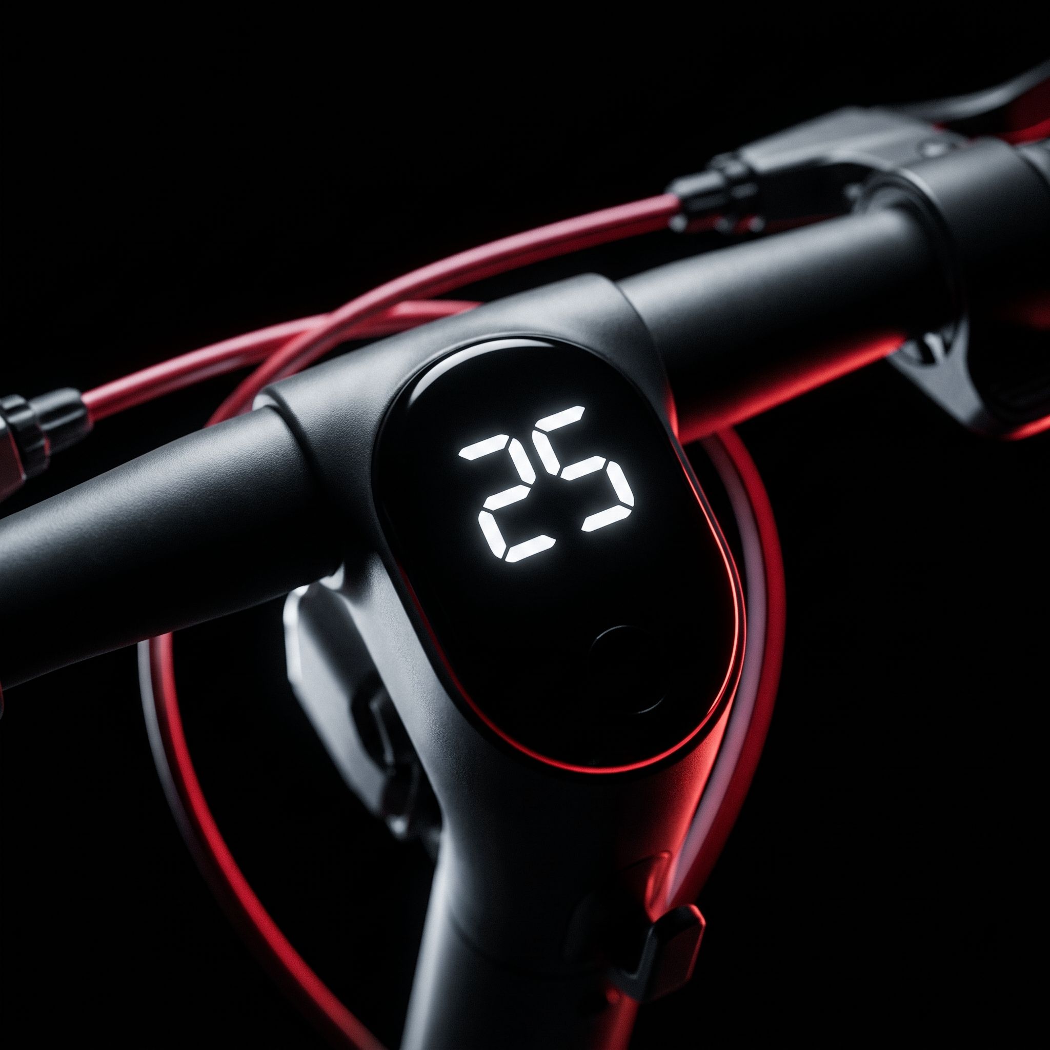 The number 25 glowing red on a scooter display in the dark